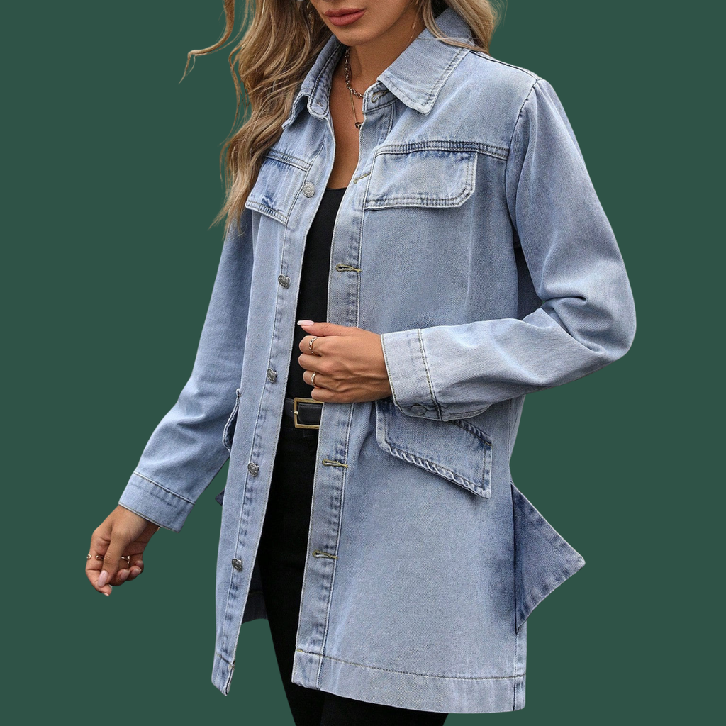Signe – Lång Jeansjacka i Ljus Denim